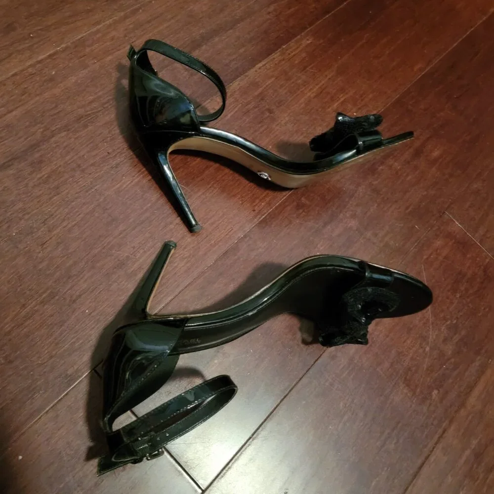 Michael Kors Women's Black Leather Sequin Bow Ankle Strap Stiletto Heels